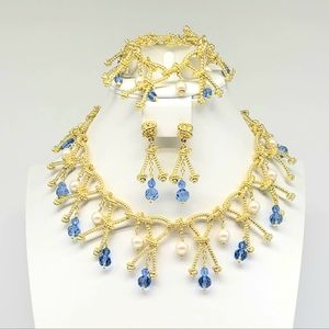 Heidi Daus Twist Gold Knot Jewelry Set with White Glass Pearl + Sapphire Crystal